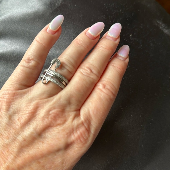 Silver & Diamond Safety Pin Triple Stack Ring - Picture 4 of 4